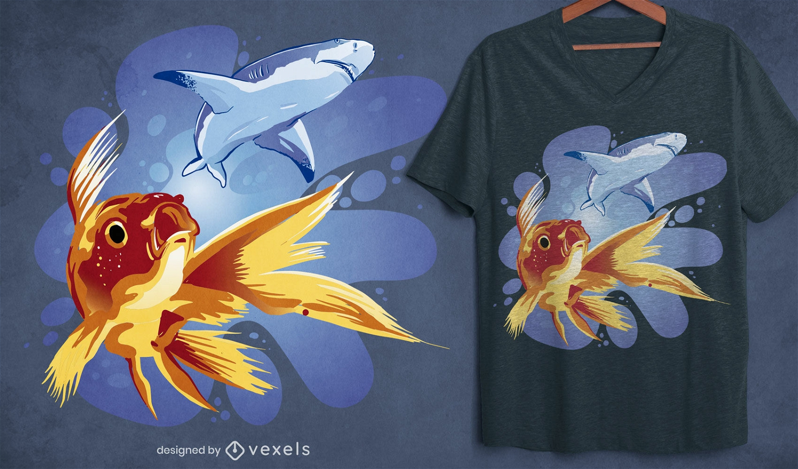 Diseño de camiseta de natación de peces de colores y tiburones.
