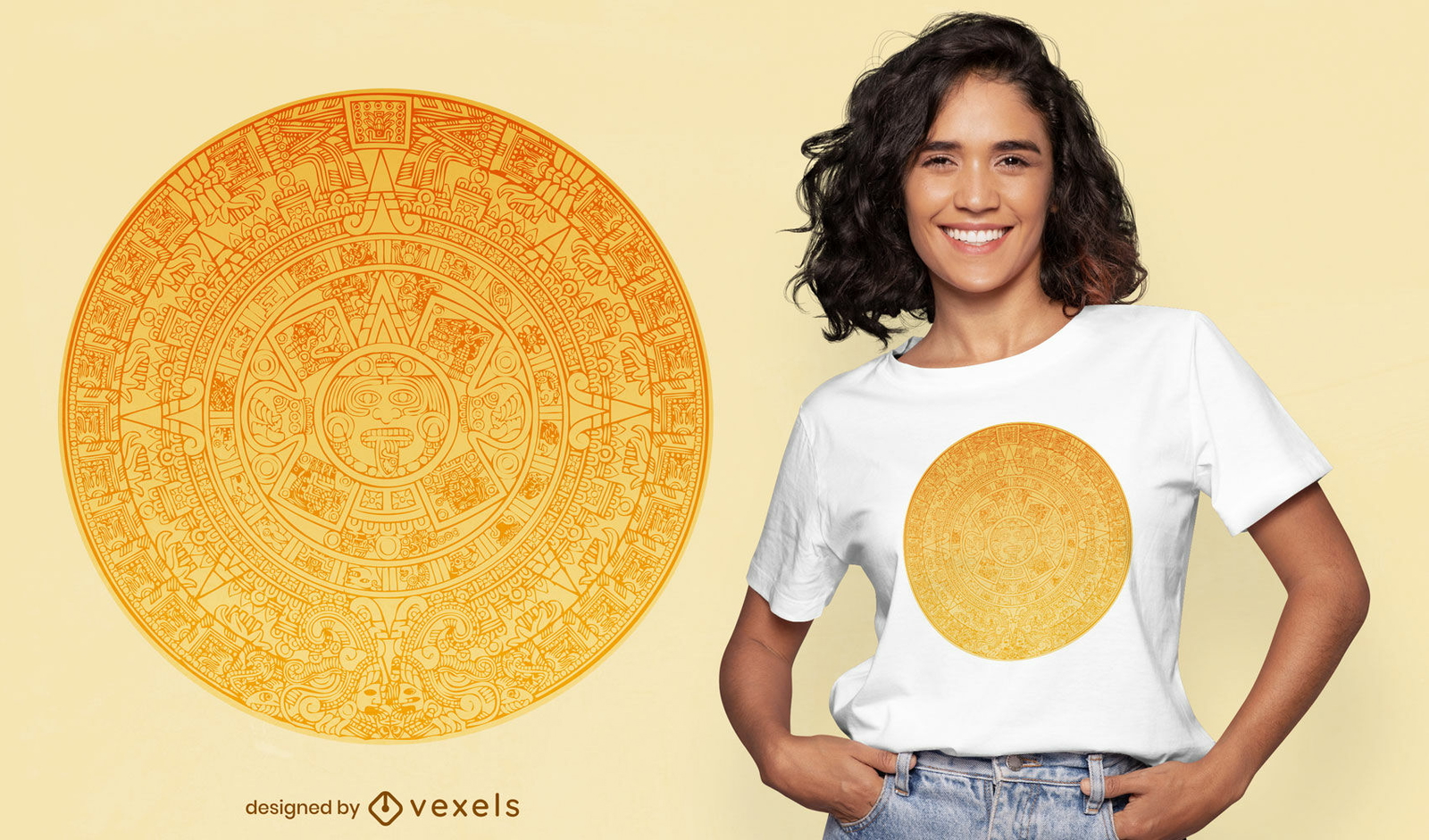 Diseño de camiseta de calendario azteca dorado.