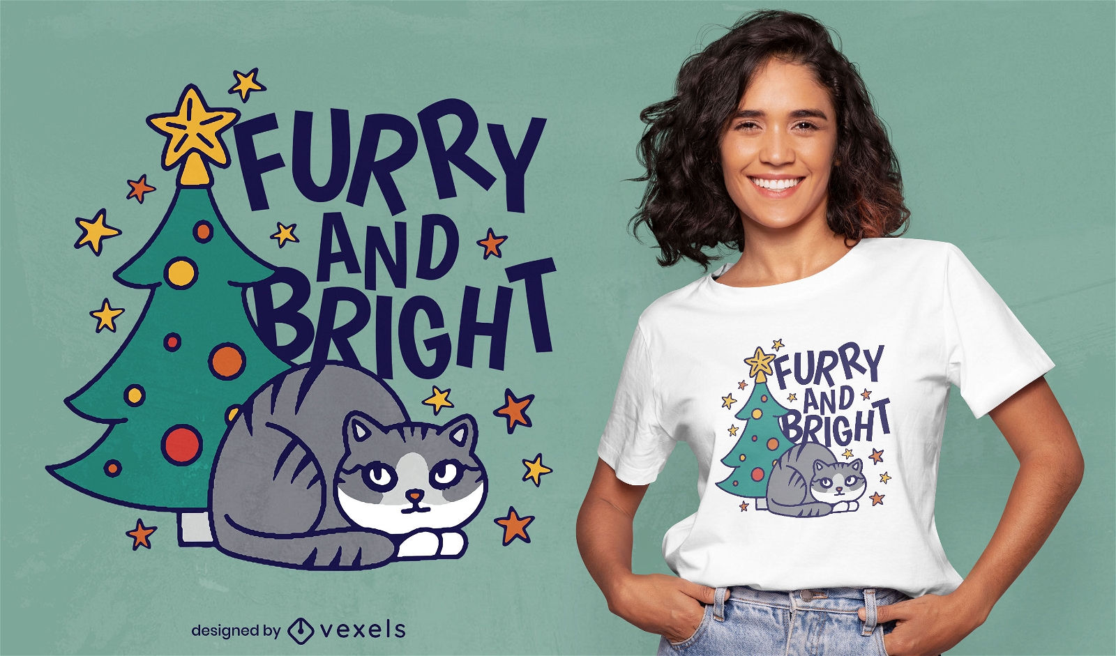 Diseño de camiseta de gato bajo el árbol de navidad