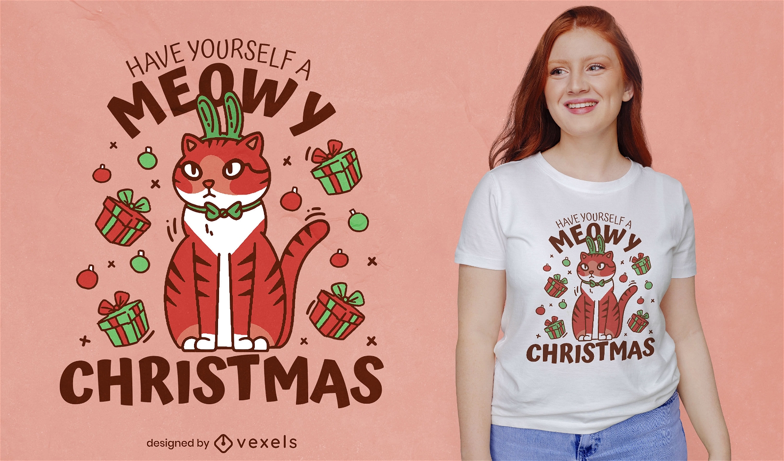 Diseño de camiseta de gato y regalos navideños.
