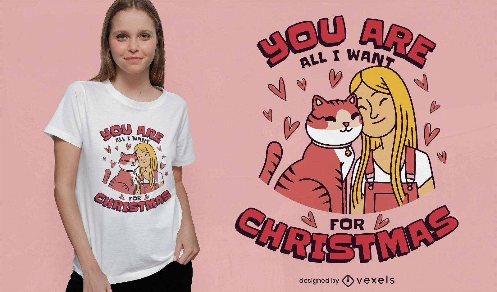 Girl and cat christmas t-shirt design