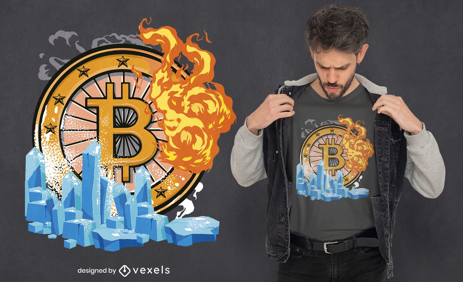 Diseño de camiseta de criptomoneda hielo y fuego.