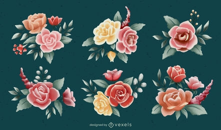 Conjunto de naturaleza de flores color de rosa acuarela