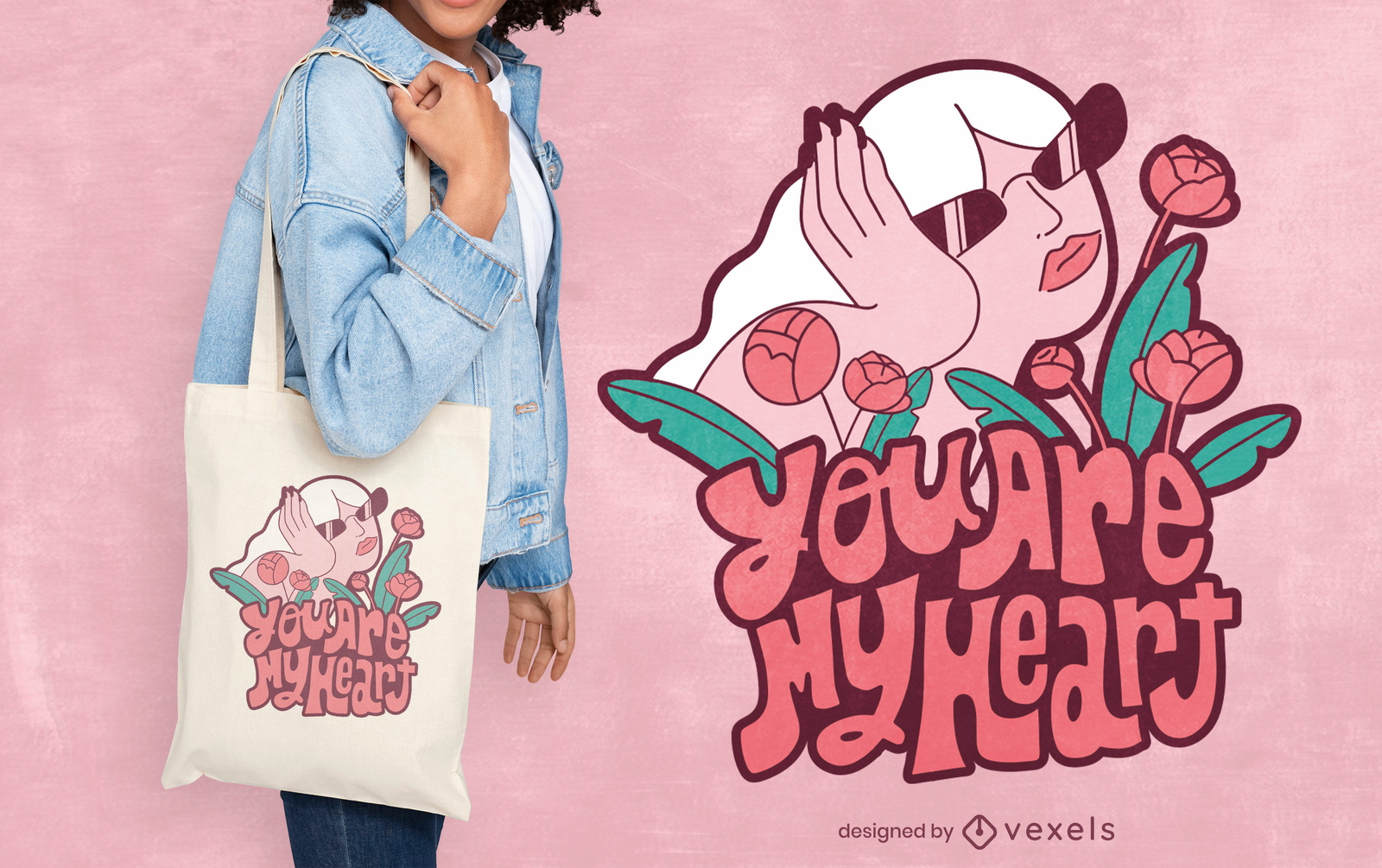 Mulher com design de bolsa de citações de amor