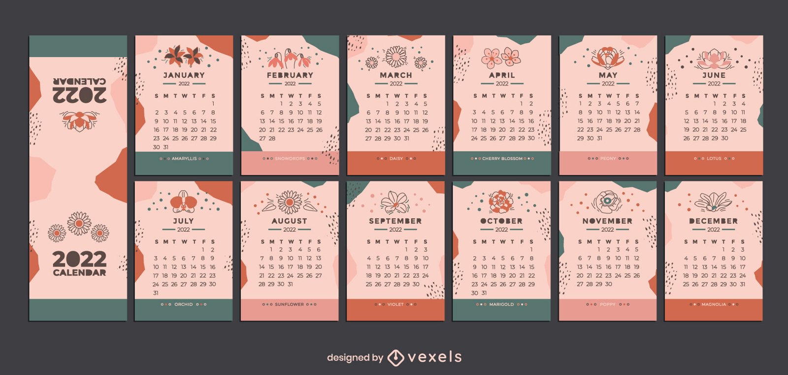 2022 Floral nature calendar design