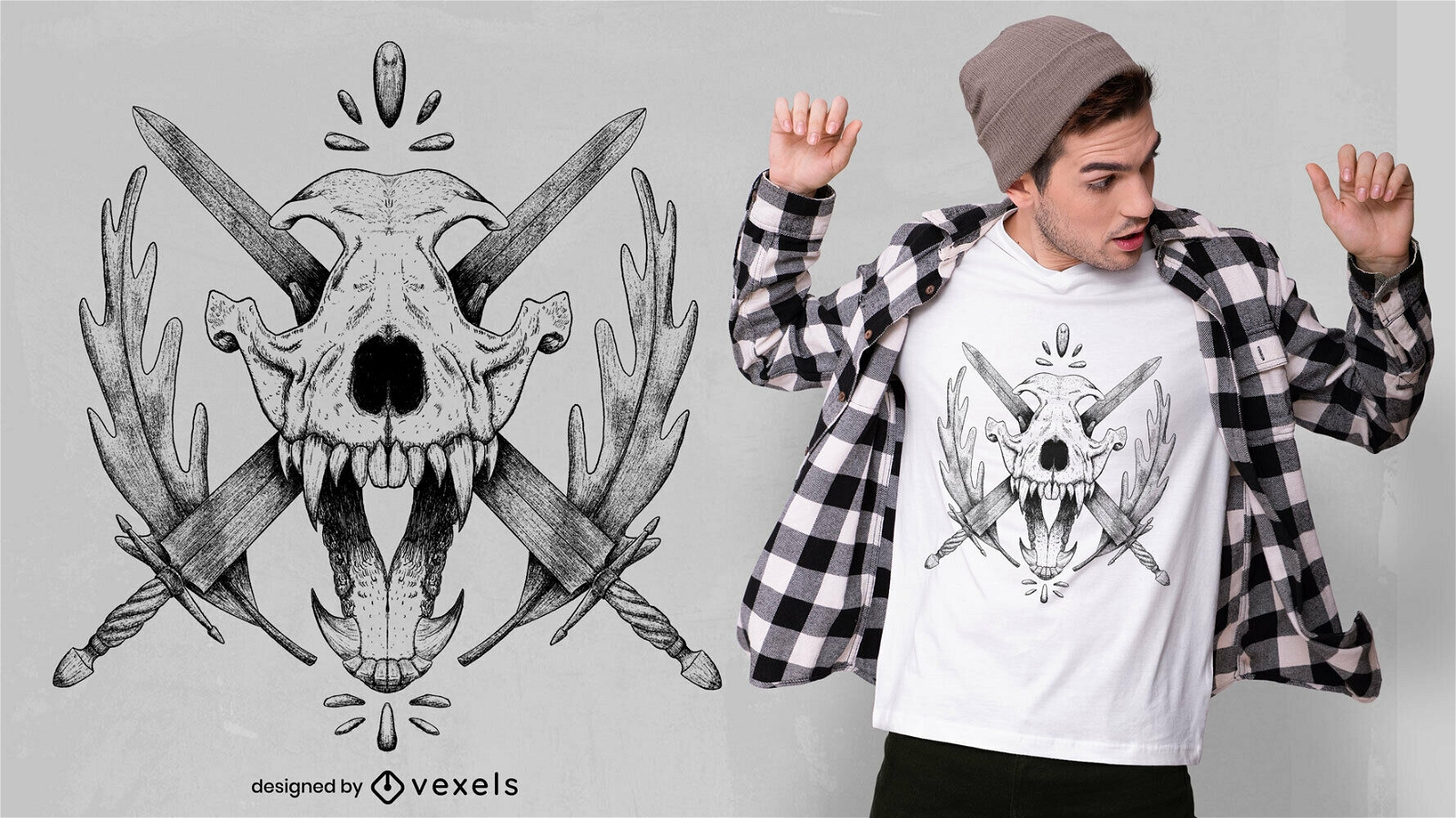 Design de camiseta psd com caveira e espadas de lobo