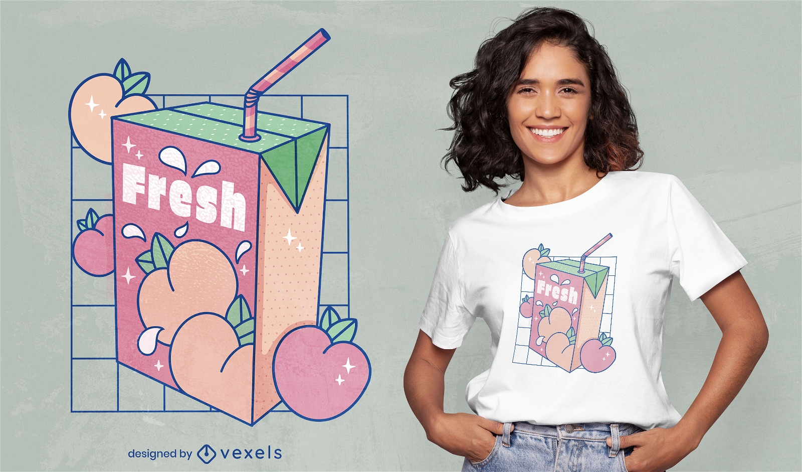 Diseño de camiseta de caja de jugo de durazno.