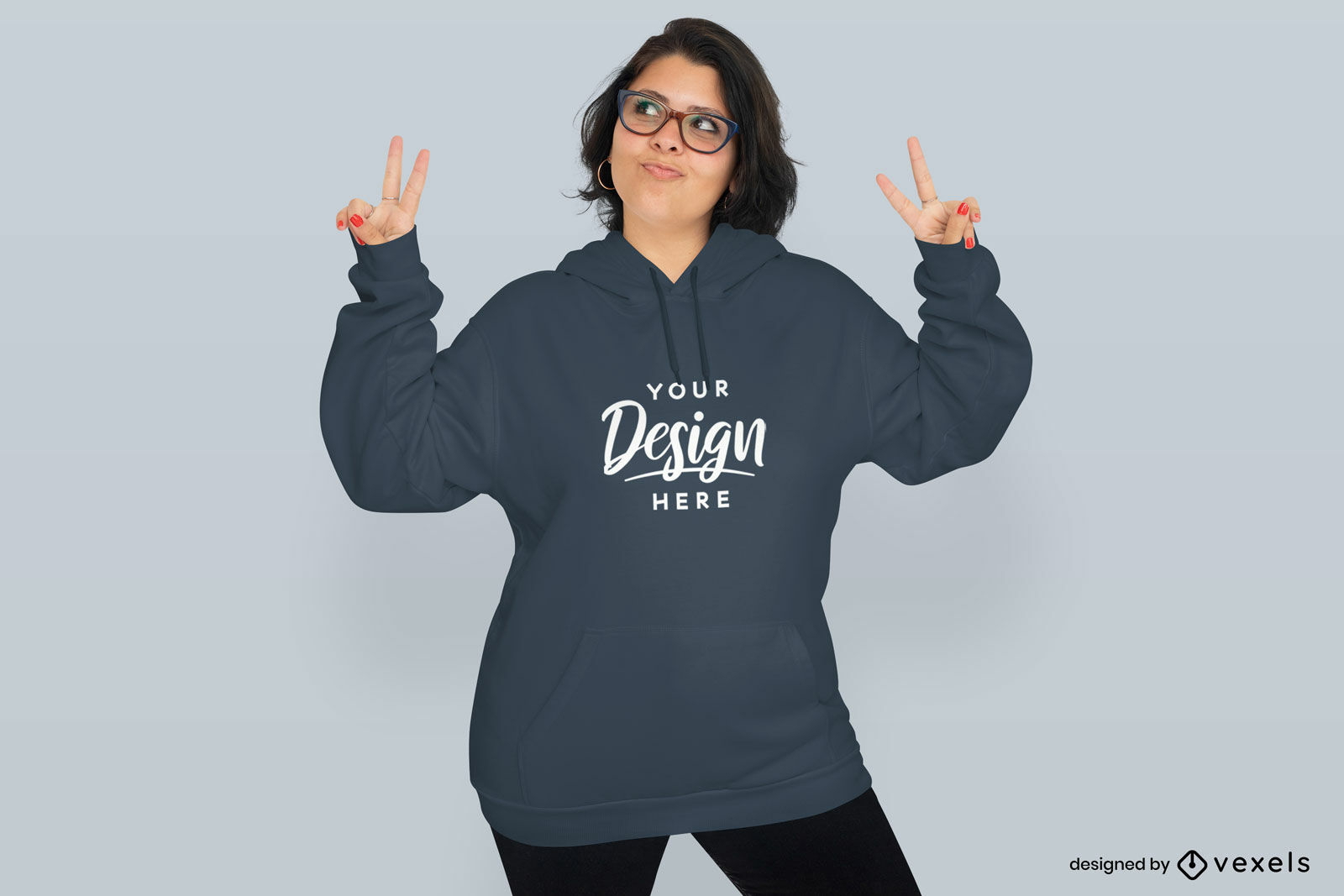 Woman doing peace sign hoodie mockup