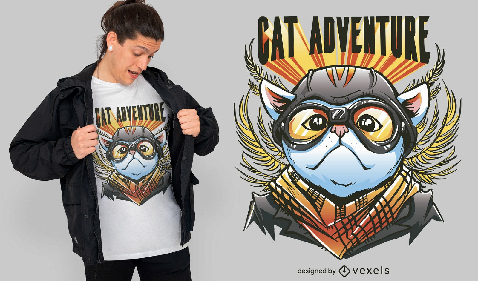 Dise?o de camiseta de dibujos animados de animales de gato piloto.