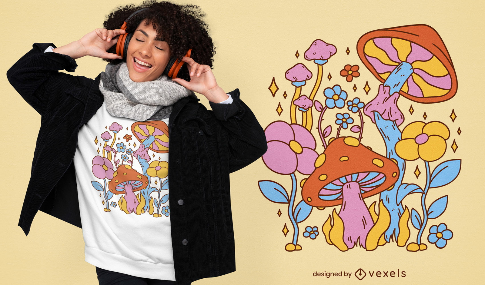 Diseño de camiseta hippie de setas y flores.