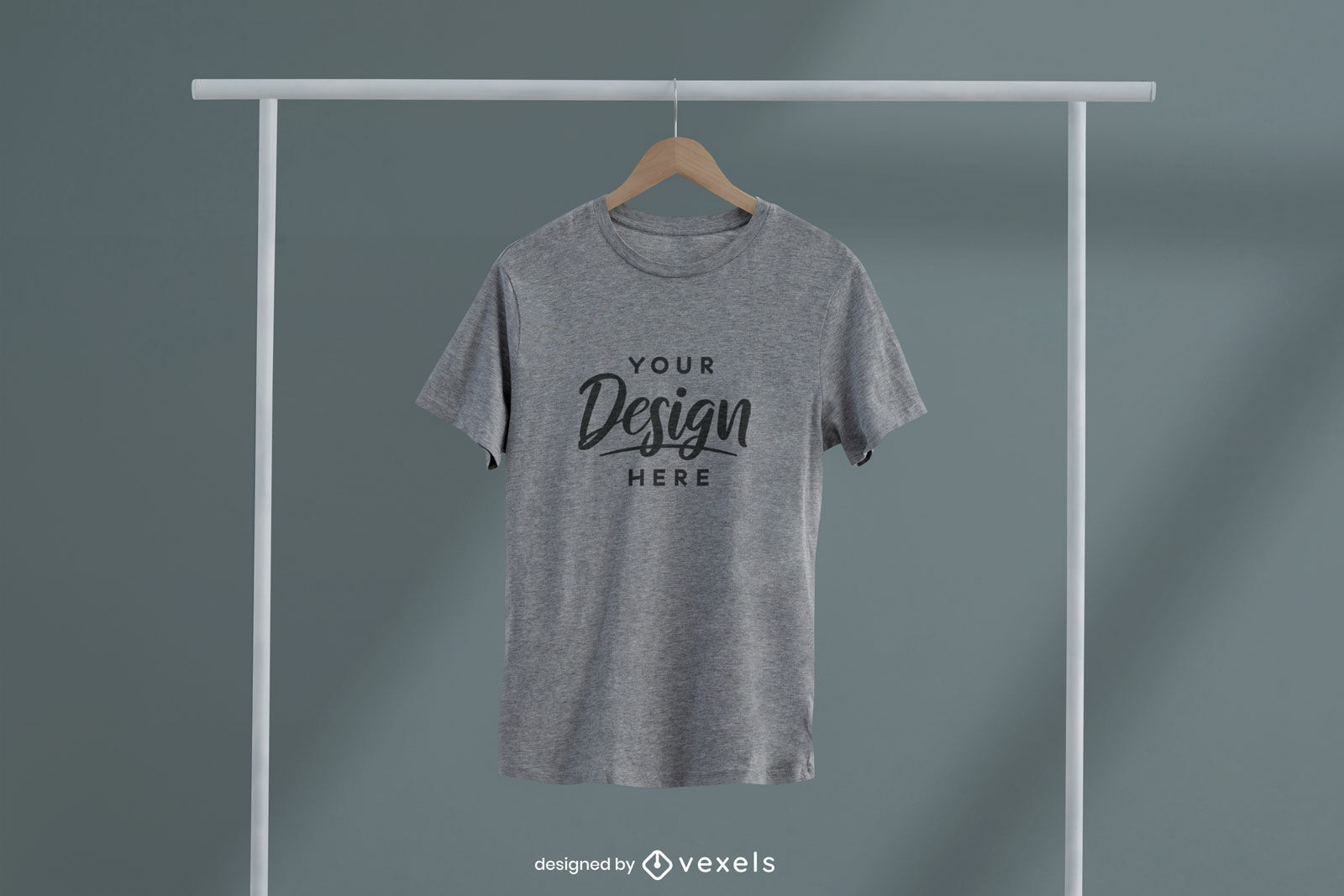 Gray t-shirt on hanger and clothes rack mockup