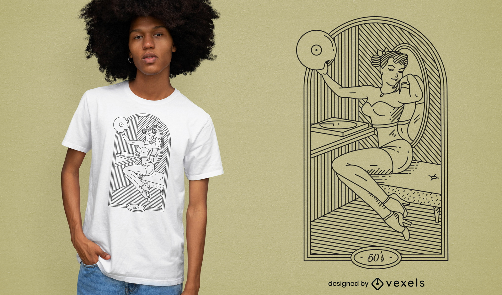 Chica pin-up con diseño de camiseta de disco de vinilo