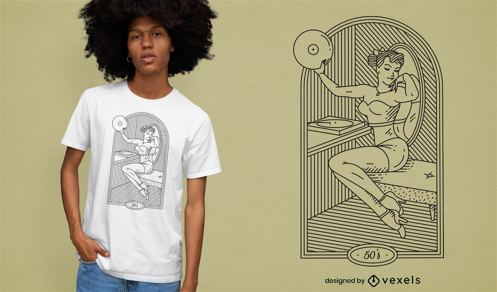 Garota pin-up com design de t-shirt de disco de vinil