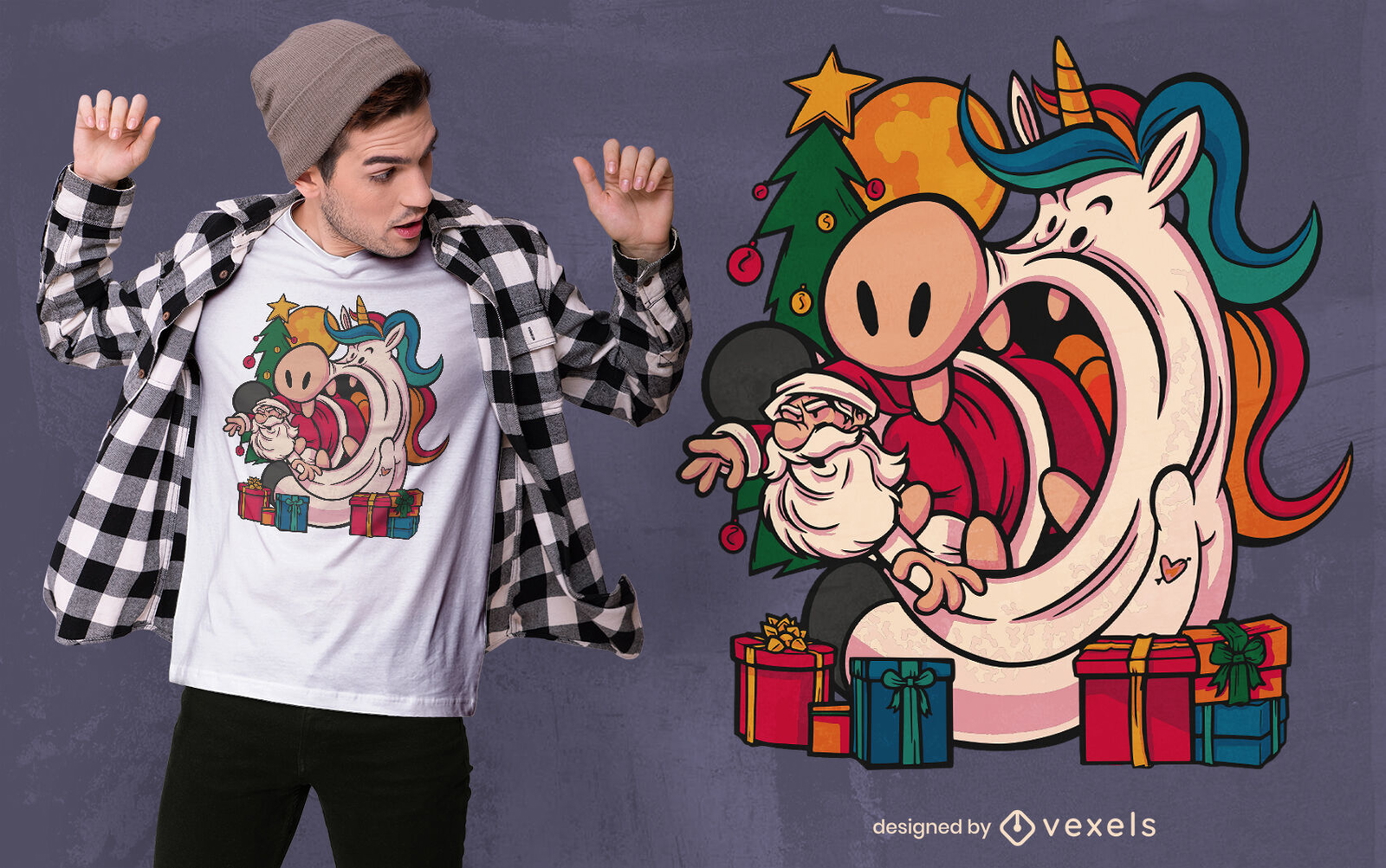 Diseño de camiseta de unicornio comiendo santa claus