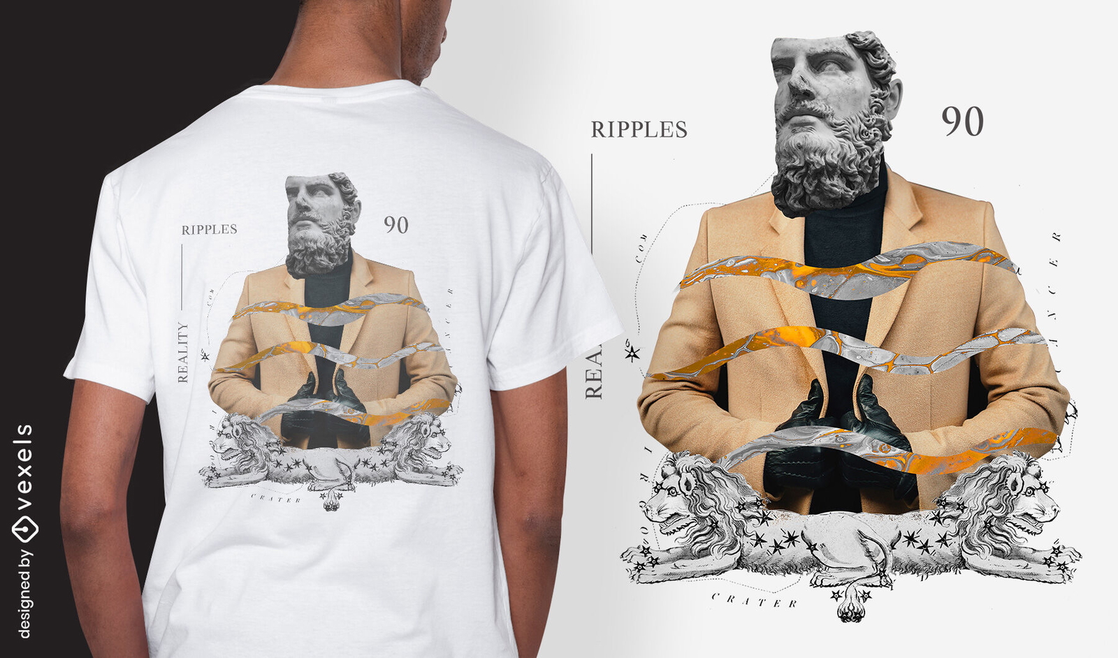 Collage de estatua con diseño de camiseta psd de leones