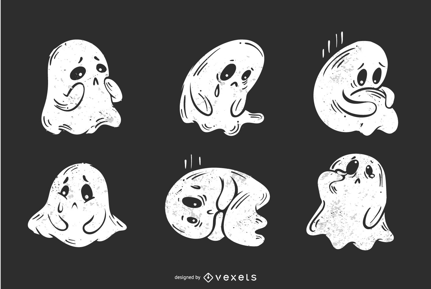 Conjunto de caracteres de dibujos animados de espíritus fantasmas tristes