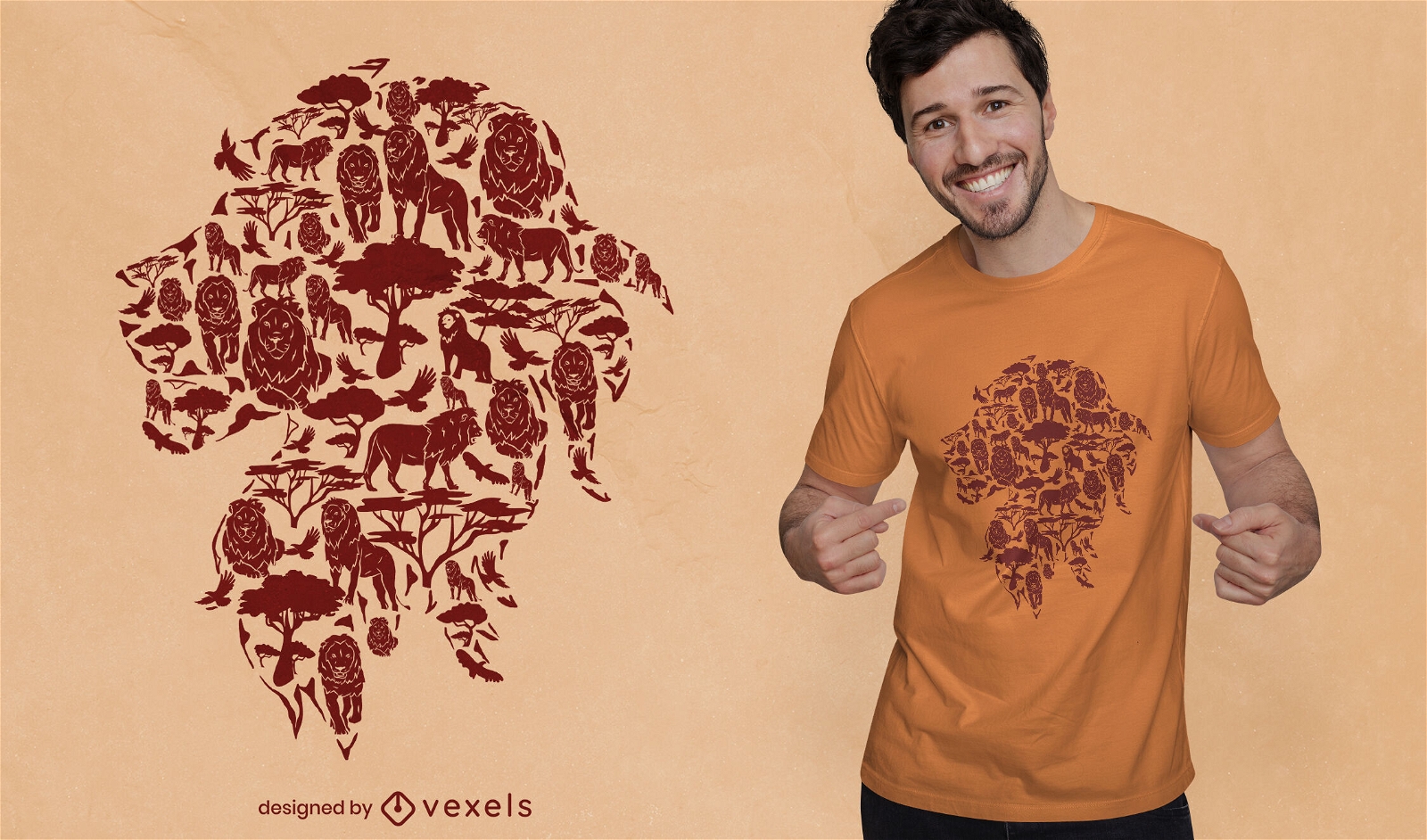 Diseño de camiseta de animales salvajes de león en la naturaleza.