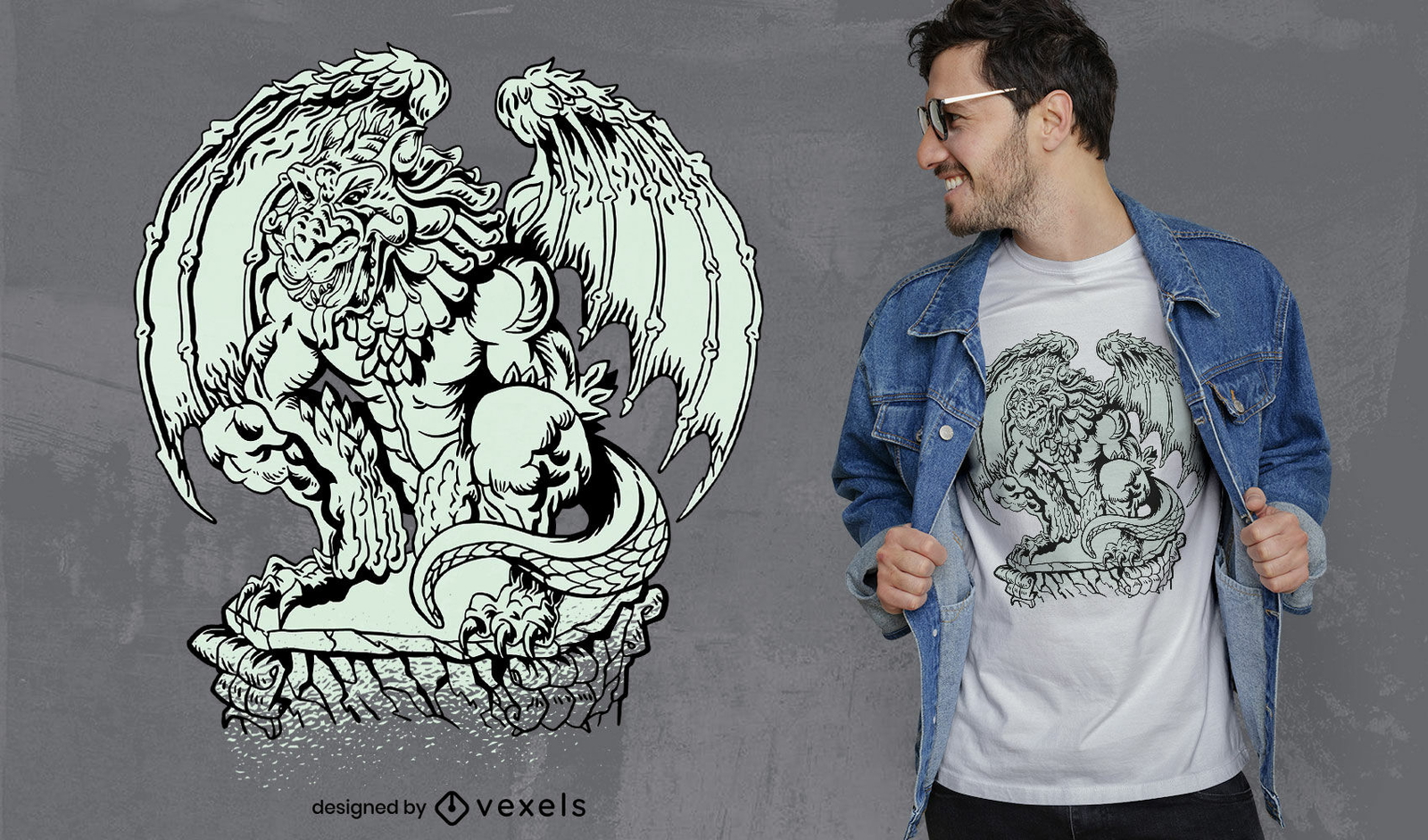 Diseño de camiseta de estatua de gárgola gótica.