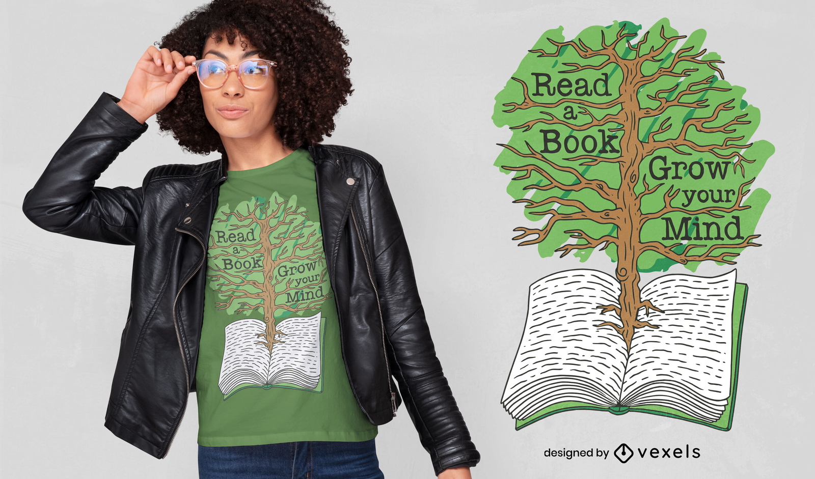 Árbol que crece en diseño de camiseta de libro.