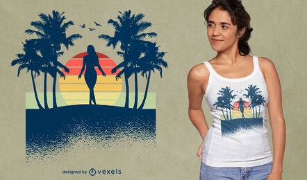 Frau am Strand mit Sonnenuntergang-T-Shirt-Design