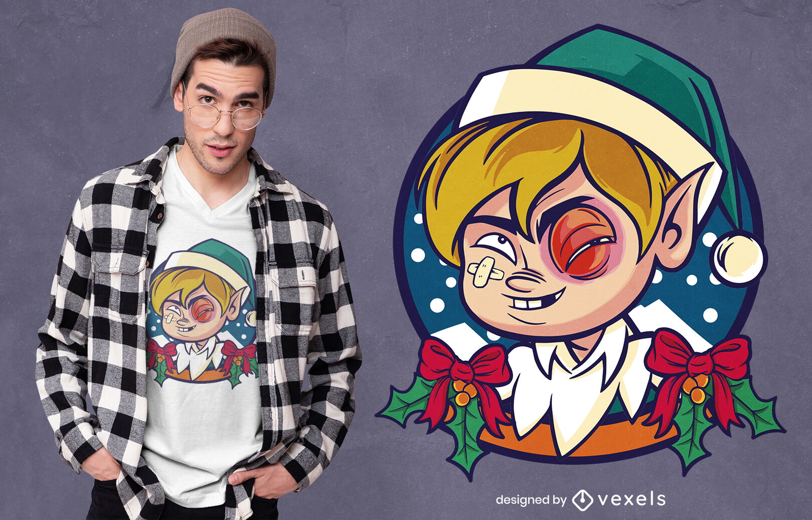 Christmas elf with black eye t-shirt design