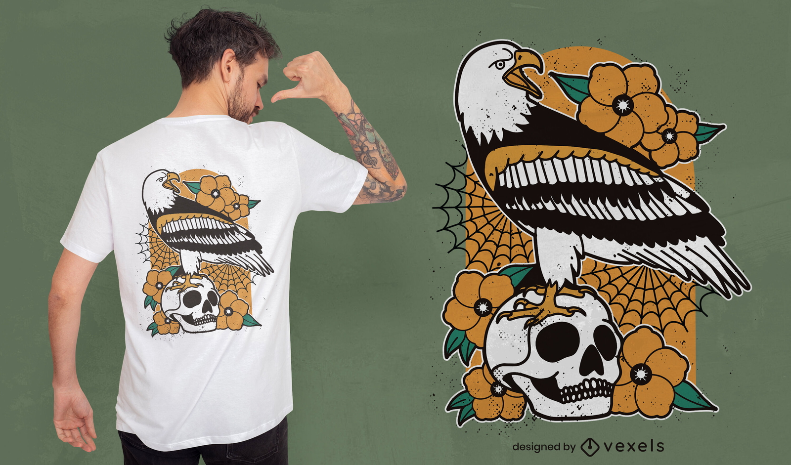 Águia em cima do desenho de uma camiseta com caveira