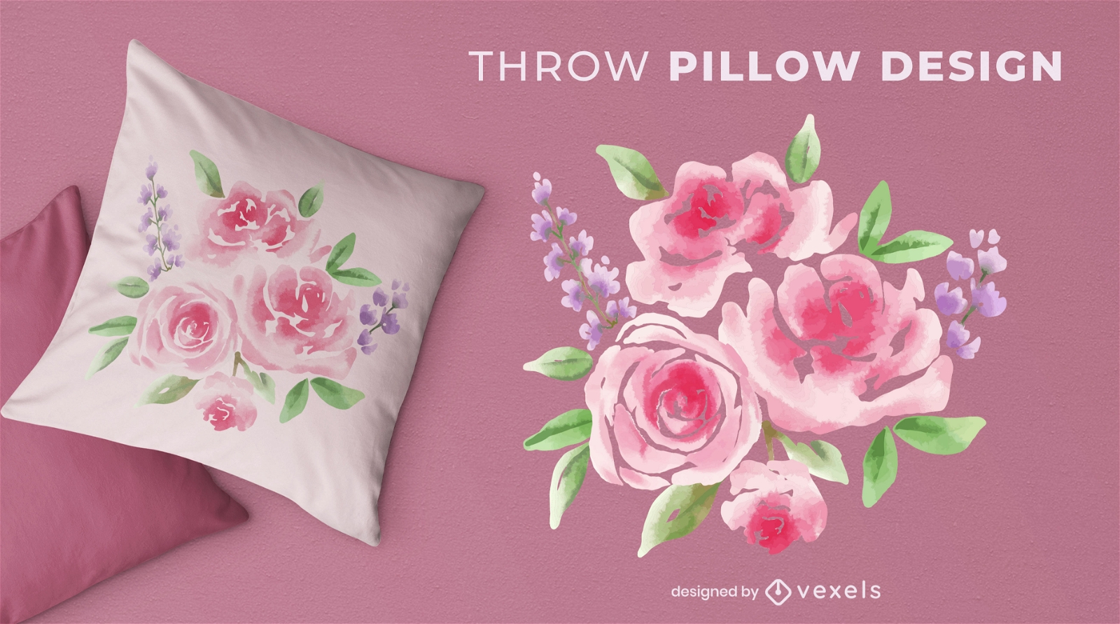 Projeto de travesseiro com flores rosa aquarela