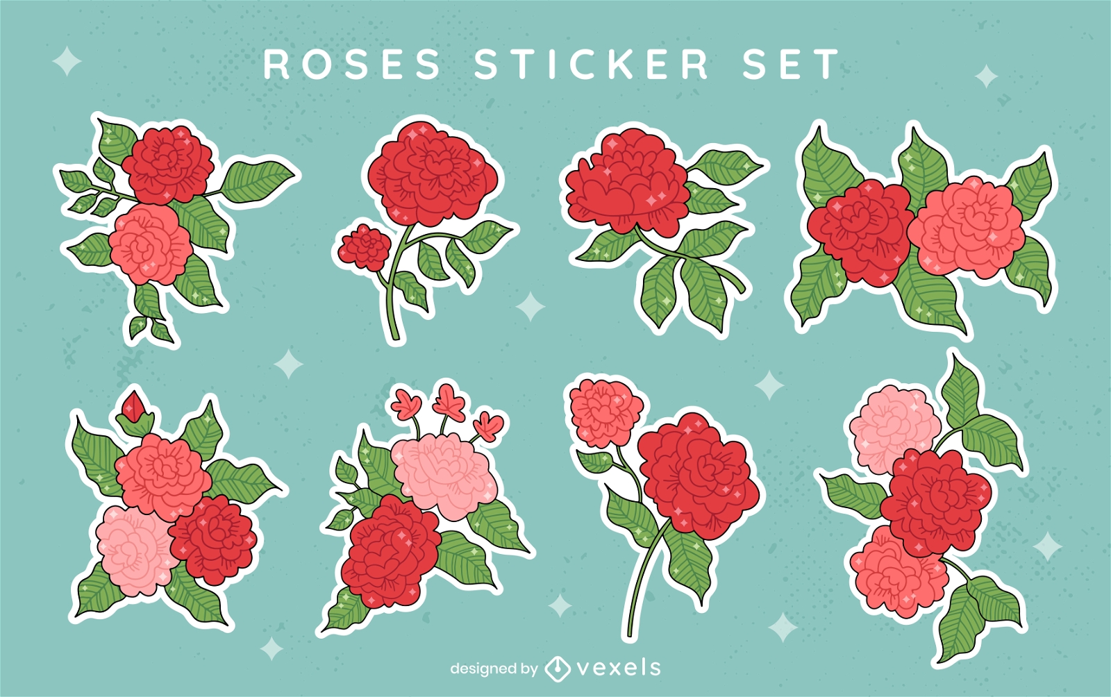 Rose flowers and leaves sticker set