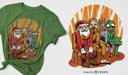 Santa claus and creatures cartoon t-shirt design