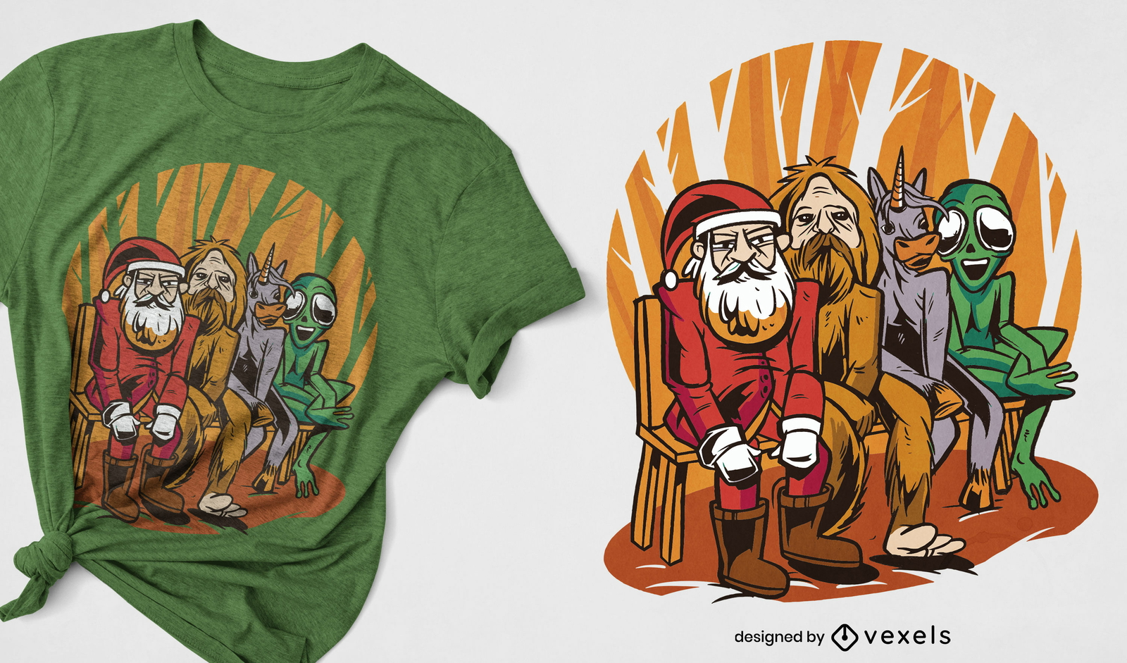 Diseño de camiseta de dibujos animados de santa claus y criaturas.