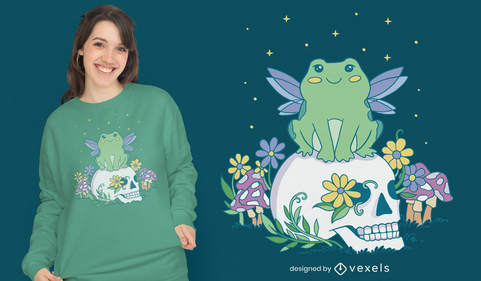 Frosch mit Fl?geln auf Totenkopf-T-Shirt-Design