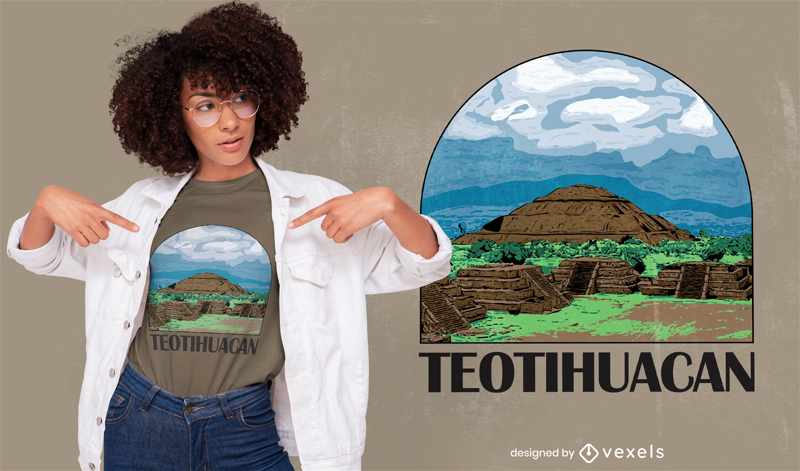 Diseño de camiseta de paisaje Teotihuacan México.