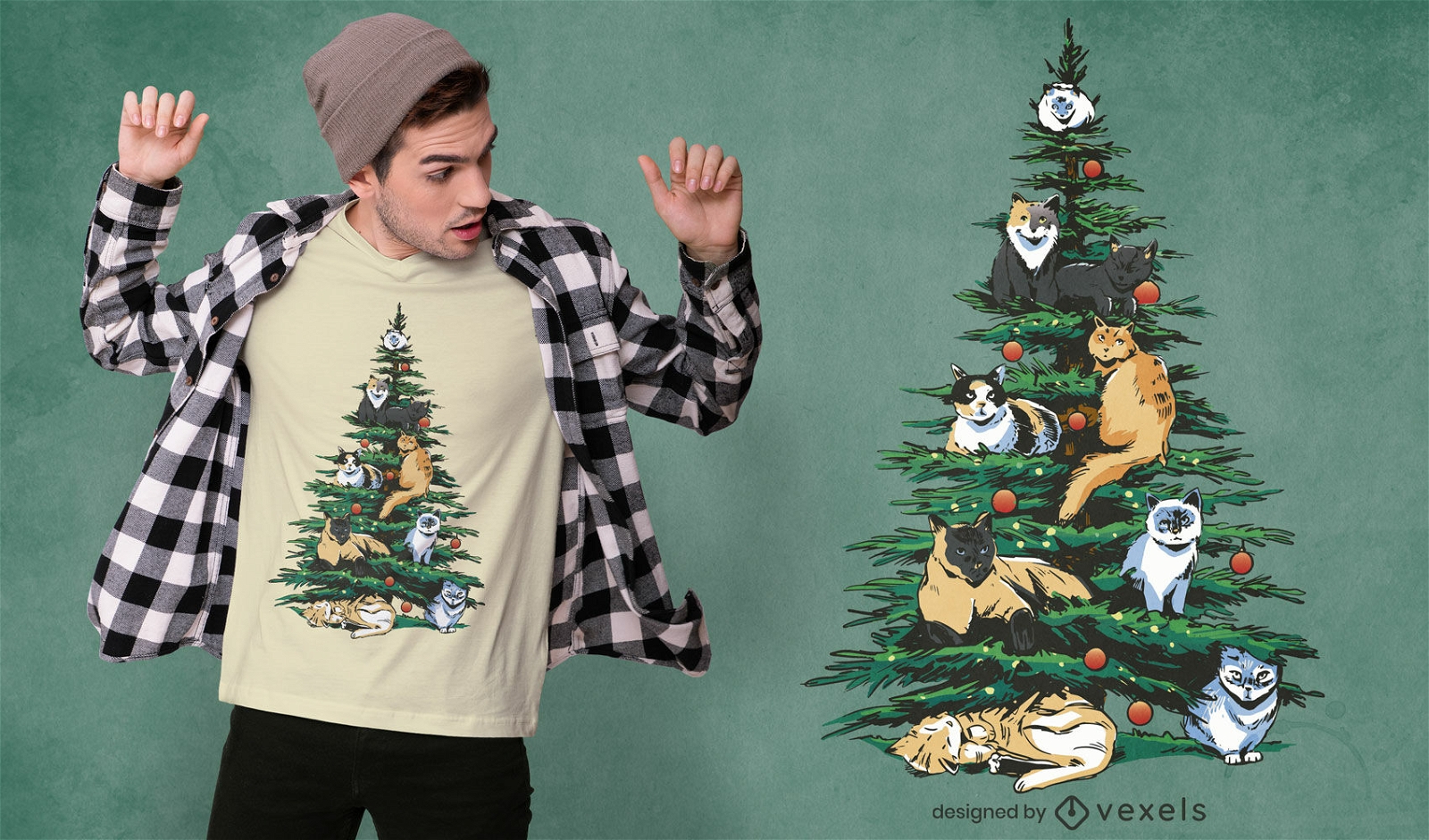 Árbol de navidad con diseño de camiseta de gatos.