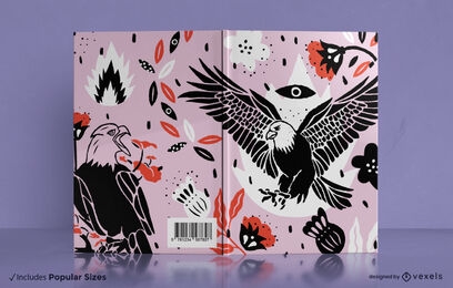 Diseño de portada de libro con águila y flores rojas.