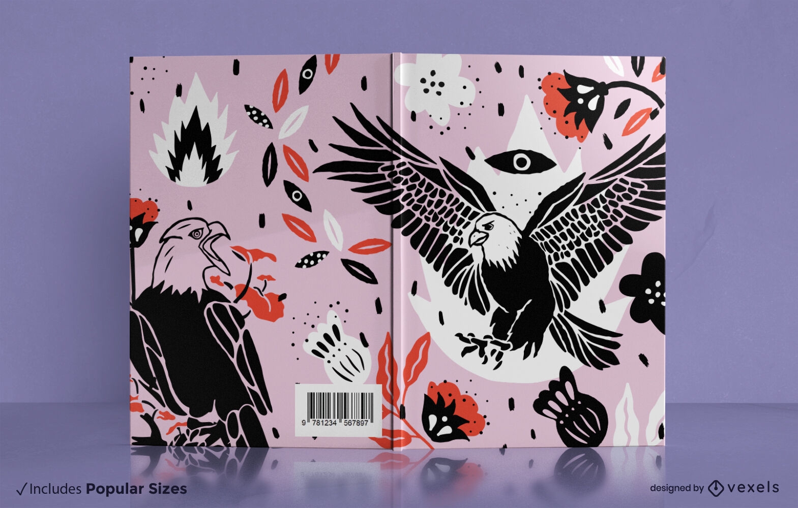 Buchcover-Design mit Adler und roten Blumen