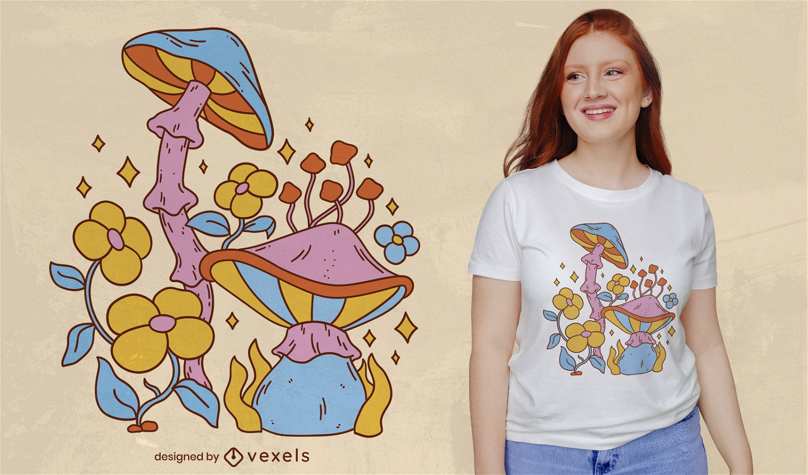 Design de camisetas com flores e cogumelos hippie