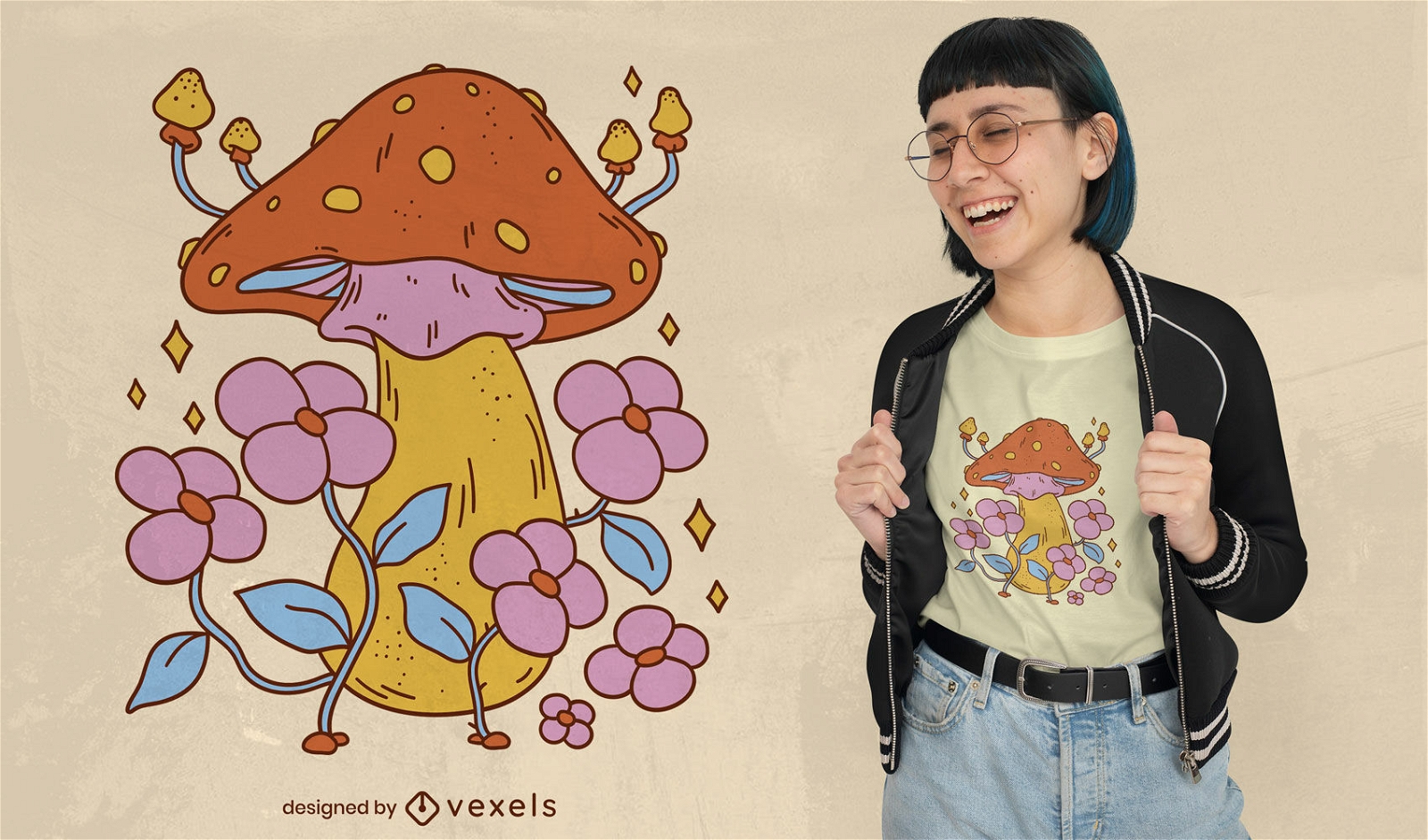 Design de camisetas de flores e cogumelos