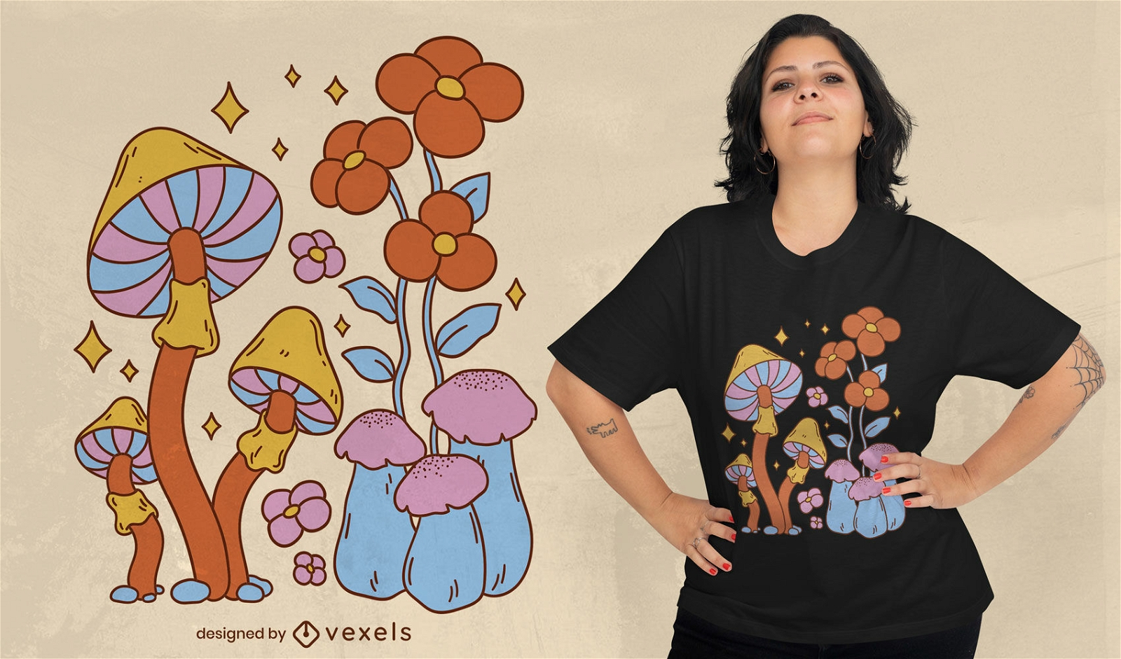 Design de camisetas coloridas de cogumelos e flores