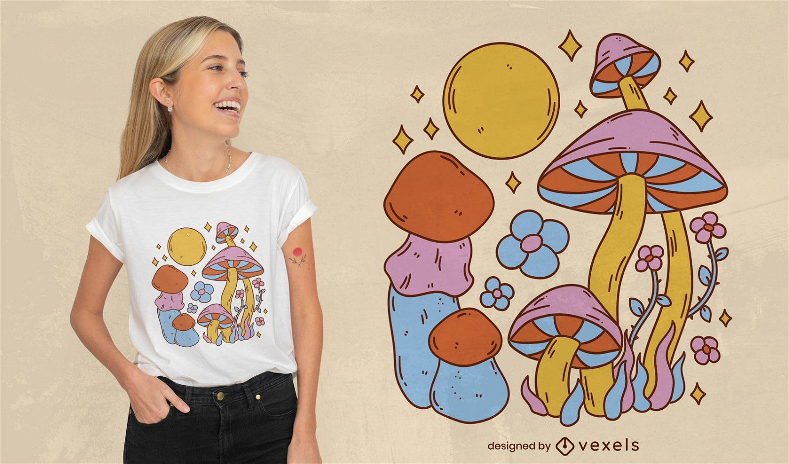 Hippie-Pilze und Mond-T-Shirt-Design