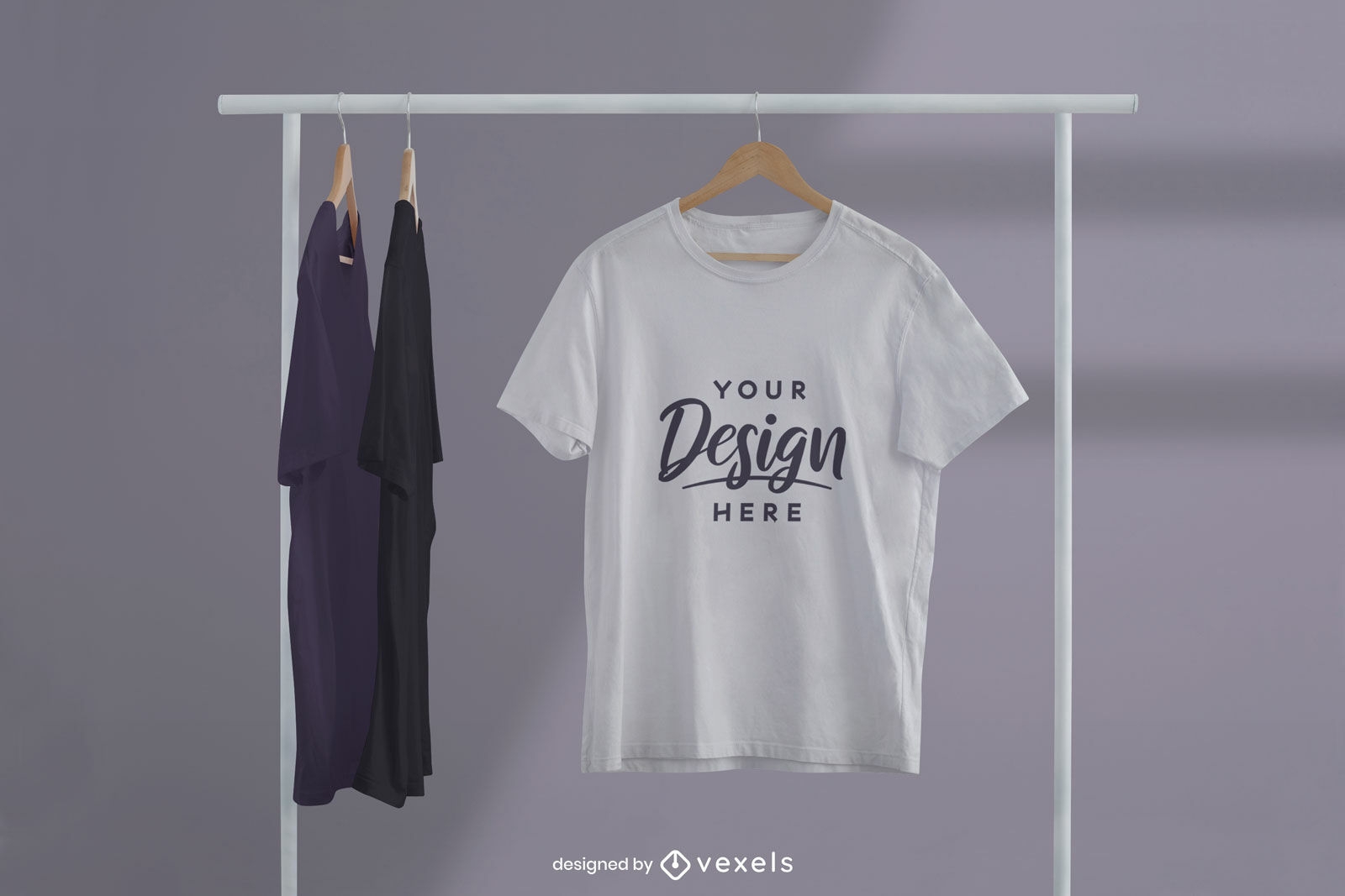 T-shirts on clothes hanger gray background mockup