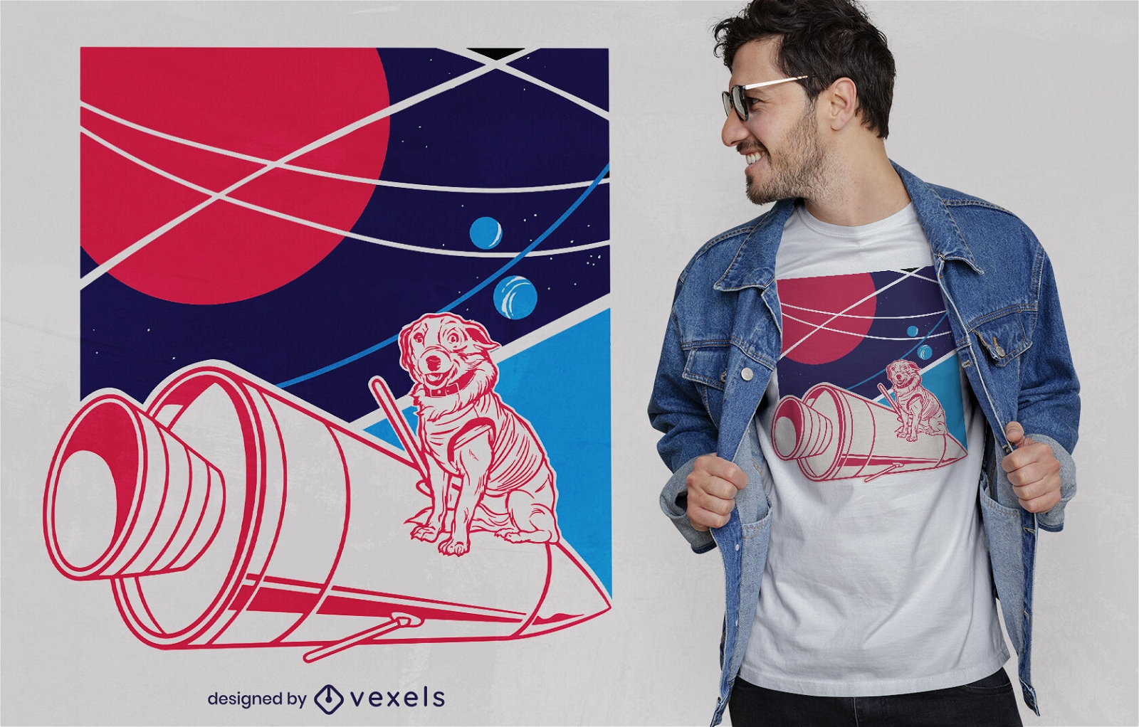 Cão no design de t-shirt de foguete espacial