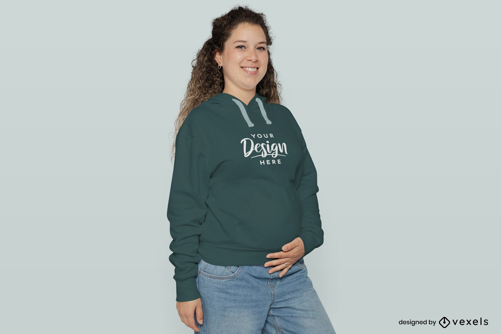 Pregnant woman touching belly hoodie mockup