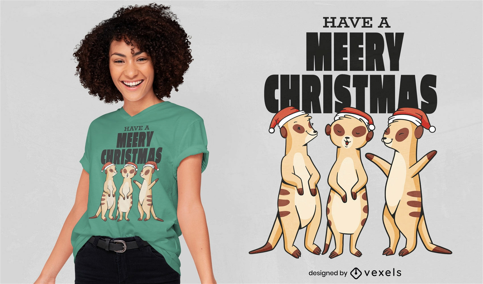 Erdmännchen im T-Shirt-Design mit Weihnachtsmützen