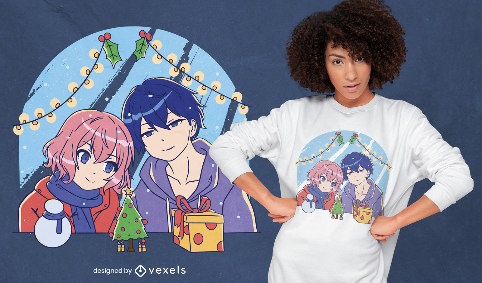 Design de camisetas de casal de natal em anime