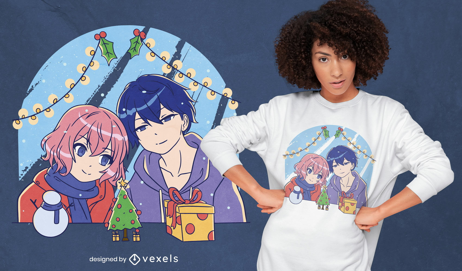 Diseño de camiseta de pareja de anime navideño.