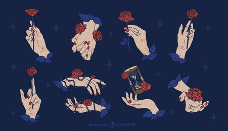 Conjunto de mãos segurando flores rosas