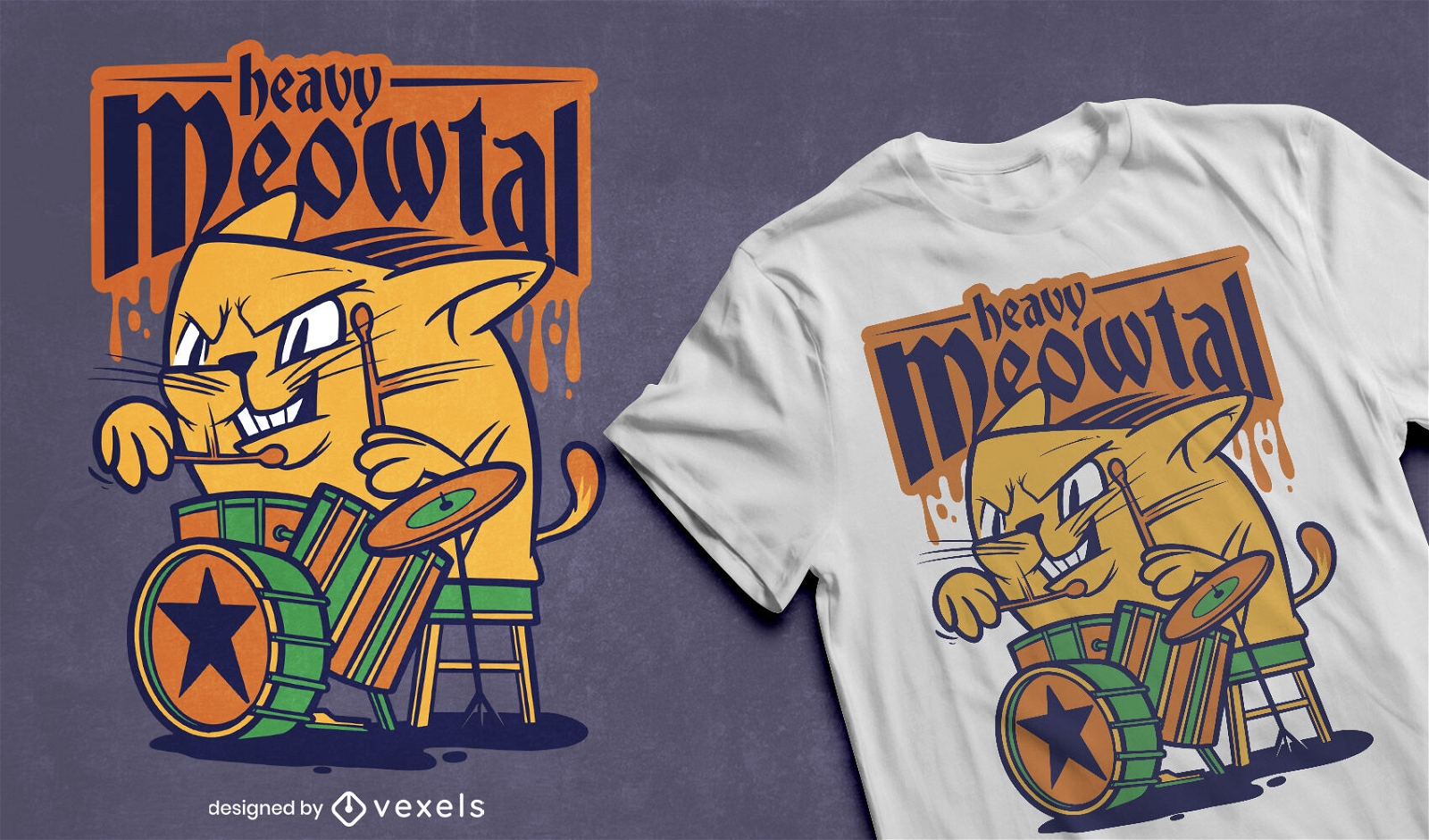 Diseño de camiseta de gato animal tocando tambores