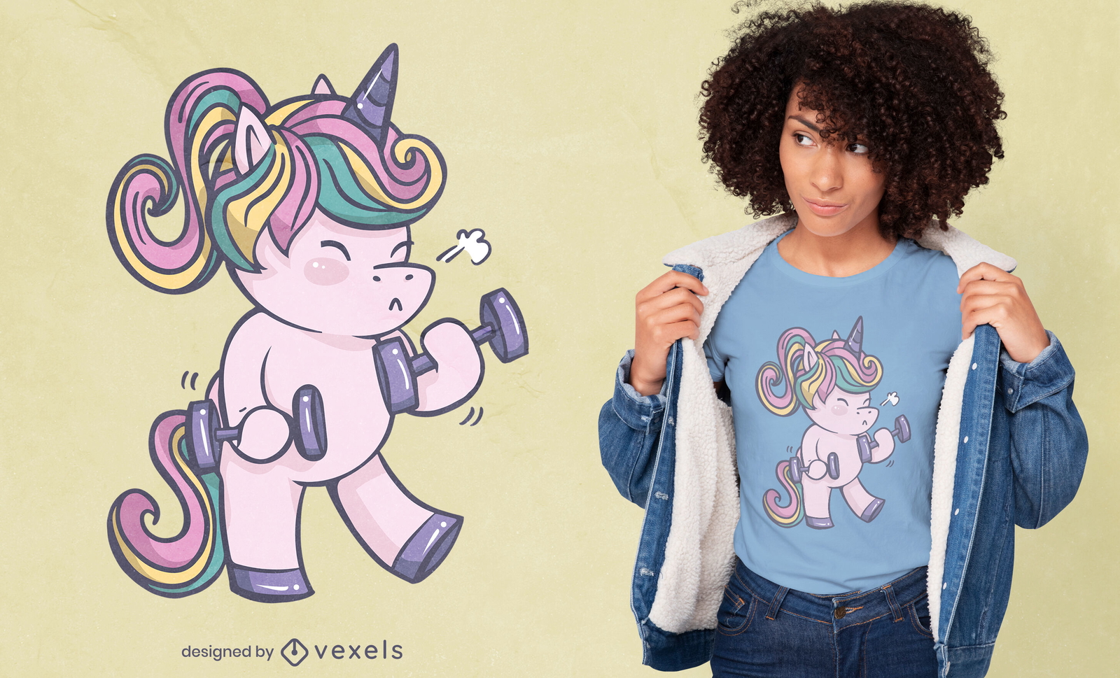 Diseño de camiseta de unicornio levantando pesas.