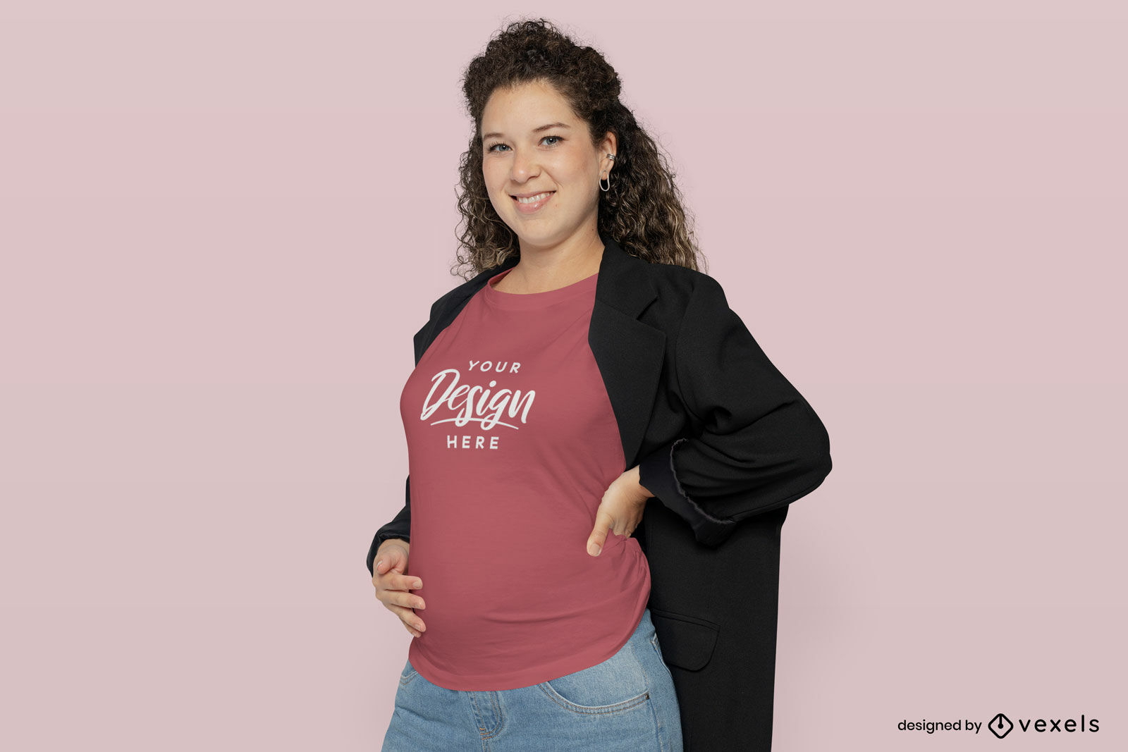 Pregnant model with black blazer t-shirt mockup