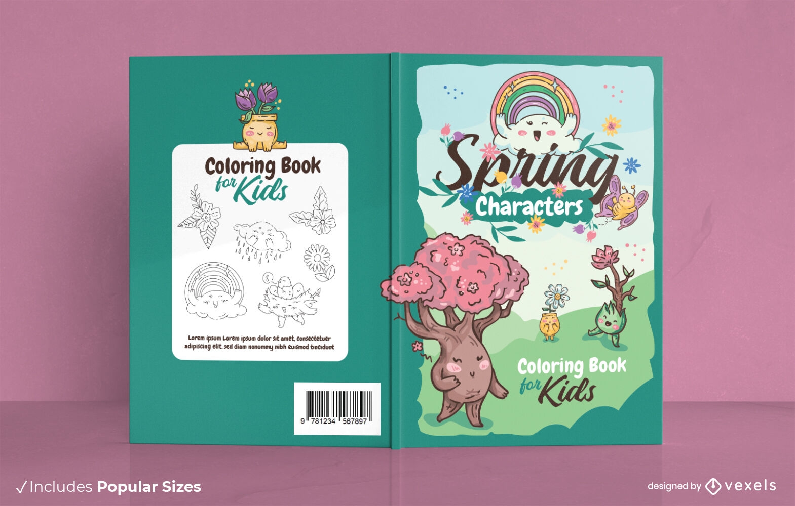 Spring characters coloring book cover design